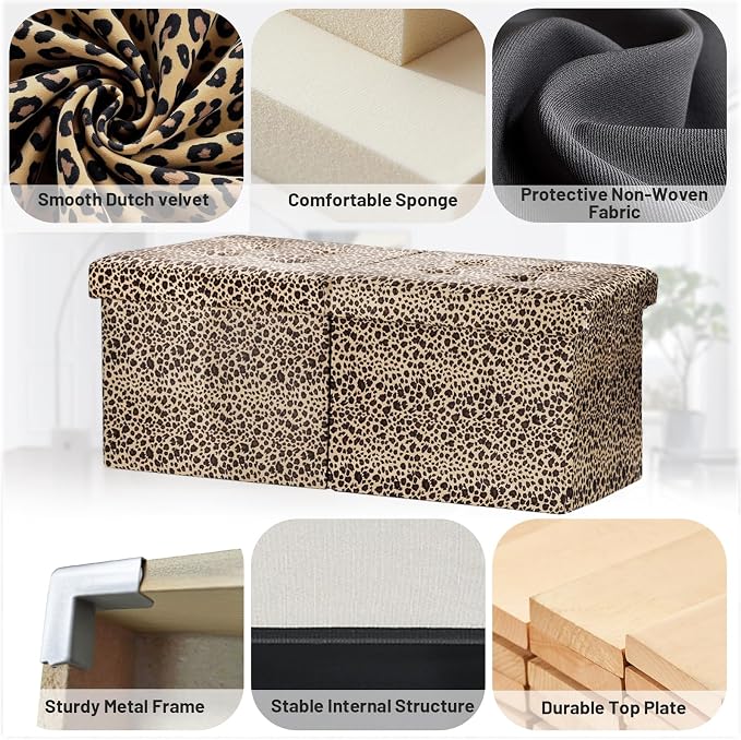 Bsketa Storage Ottoman Bench, 34" Folding Velvet Foot Rest,Leopard Print | Large Ottoman with Storage, Thicker Foam Padded Seat, Livingroom, Dorm, Bedroom, Easy to install, 86L,34 x 13 x 13in