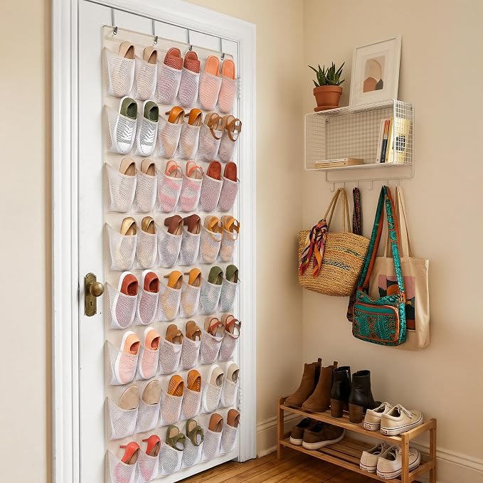 48 Pockets Over the Door Shoe Organizer, Large Mesh Hanging Shoe Rack, 6-Column Heavy Duty Shoe Storage for Sneakers and Heels, Behind Door Holder for Entryway Bedroom Dorm College, Beige