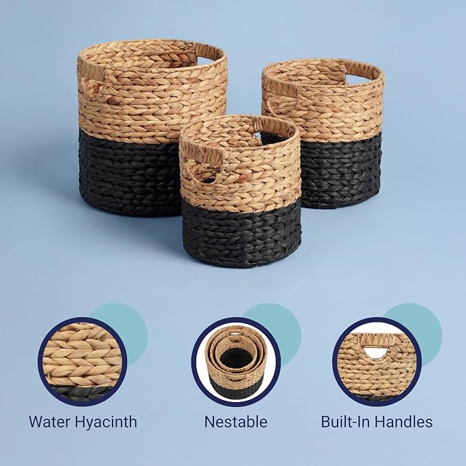 happimess Avery 3-Piece Cylinder Nesting Baskets 13", Black/Natural | Hyacinth, Bohemian Cottage Style, Handwoven Wicker, Iron Metal Frame, Decorative Storage For Toys And Books, Built In Handles