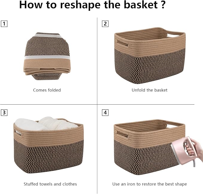OIAHOMY 4 Pack Storage Basket, 13"x9"x7.8" Cotton Rope Baskets for Shelves, Closet Organizer for Bedroom & Living Room, Soft Decorative Bins for Organizing Towels, Books & Toys, Brown & Black