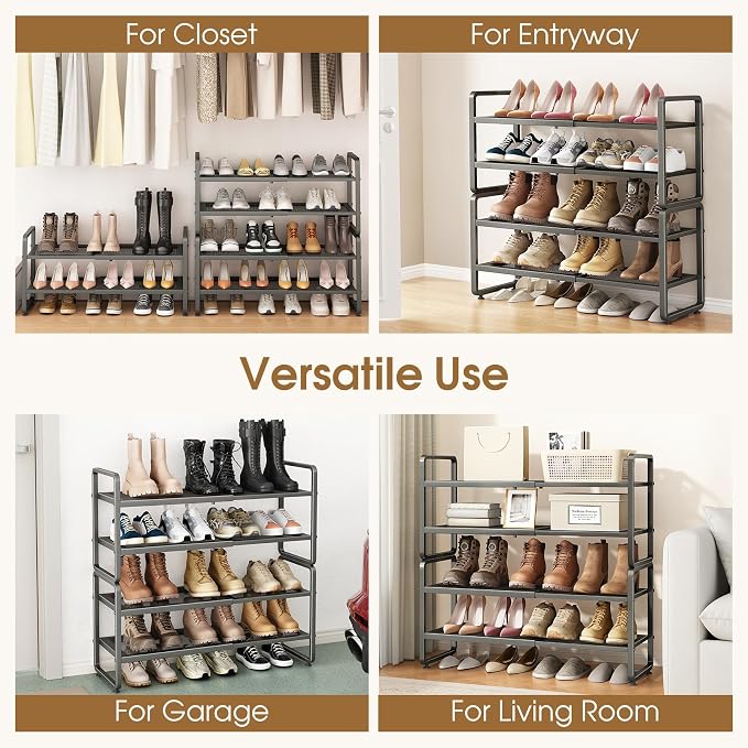 SAYZH Expandable Shoe Rack for Closet, Adjustable Metal Shoe Organizer with Sturdy Mesh Shelves for Boots & Heels, Stackable Shoe Storage for Entryway, Garage, Small Spaces (Grey, 4-Tier)