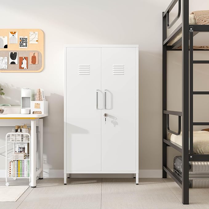 PAOFIN 47" Metal Storage Locker, Lockable Employees Metal Locker with 2 Door and Adjustable Shelves, Steel Locker for Home, School, Office, Gym (White)