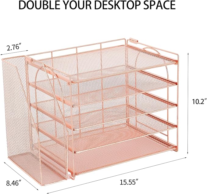 AUPSEN Rose Gold Desk Organizers and Accessories, 5-Tier Desktop Paper File Organizer with Removable File Holder, Desk Accessories & Workspace Organization for Home Office Supplies (Rose Gold)
