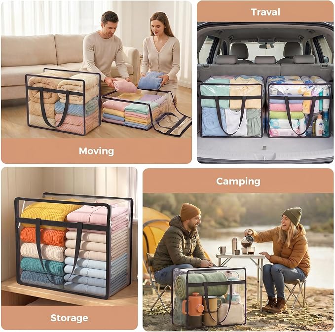 4 Pack Clear Storage Bags for Clothes, 40L Closet Organizers and Storage | Plastic storage with zipper and handle, moving bags, under-bed storage, closet organizer for blankets, comforters, toys