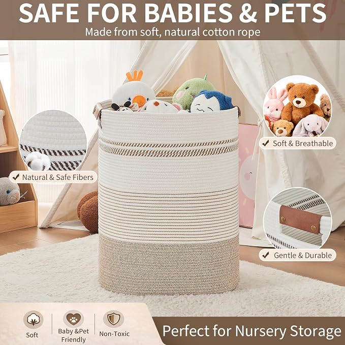 AINUOQI Laundry Basket with Handles - Blanket Basket & Hampers for Bedroom Aesthetic, Laundry Hamper & Blanket Storage for Living Room, Clothes Hamper, Tall, Large 17" x 14" x 22”, Light Brown & White