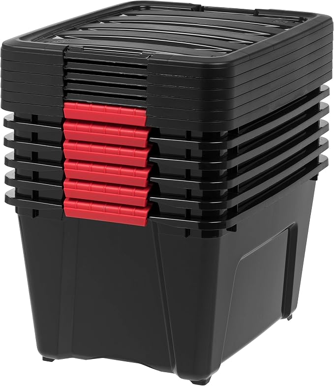 IRIS USA 6-Pack 32 Quart Storage Bins with Lids, Black | Black finish conceals stored items. Great for linens, décor, closet storage, and supplies. Nestable design saves space