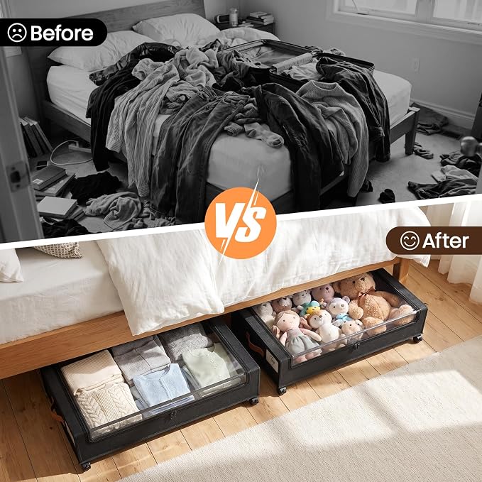Yecaye 60 L Under Bed Storage with Wheels, 2 Pack Under Bed Storage Containers with Clear Window & Label, Rolling Under bed Shoe Storage organizer for Clothes, Shoes, Black