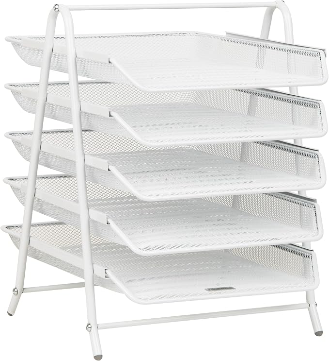 Mind Reader 5-Tier Paper Tray Organizer, White | Vertical Desktop File Storage Rack, Office, Metal Mesh