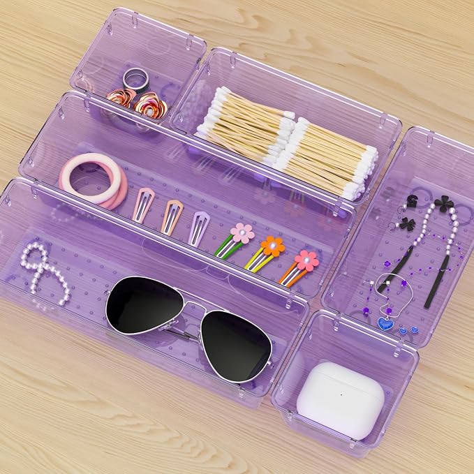 WOWBOX 9 Pack Clear Drawer Organizer Set, Acrylic Drawer Storage Trays, Storage Bins for Makeup, Cosmetics, Jewelries, Utensils, Gadgets, Office, Purple