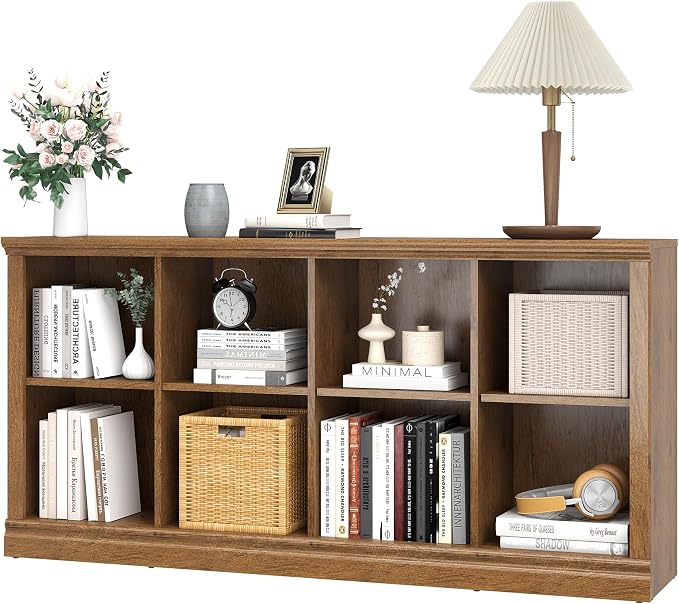 2 Tiers 8 Cube Storage Organizer Bookcase, 54 inch Width Wooden Book Shelf | 8 Storage Cube Adjustable Space Book Case, Vintage Oak Horizontal Bookshelf Display Cabinet Organizer for Home Library Office