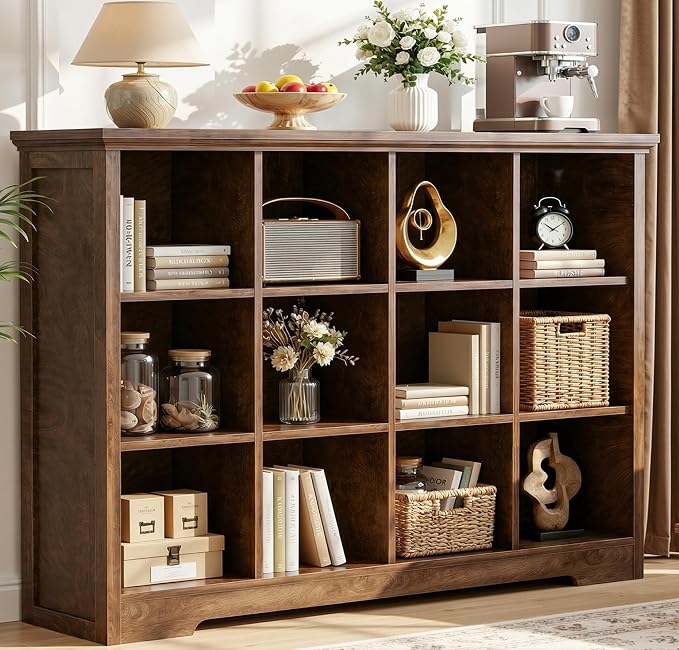 Aheaplus Wooden 12-Cube Storage Organizer with Charging Ports, Modern Cube Bookcase with Base, 4-Tier Floor Standing Open Cubbies Bookshelf, Cubicle Display Shelf for Home and Office, Cracked Oak