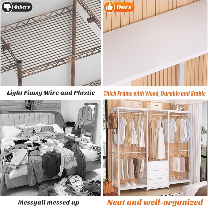 Aheaplus Garment Rack Heavy Duty Clothes Rack for Hanging Clothes,Clothing Rack with Drawers, Wood Stoarge Shelf Freestanding Closet Wardrobe Rack, Corner L Shaped Closet System Organizers, W3,White
