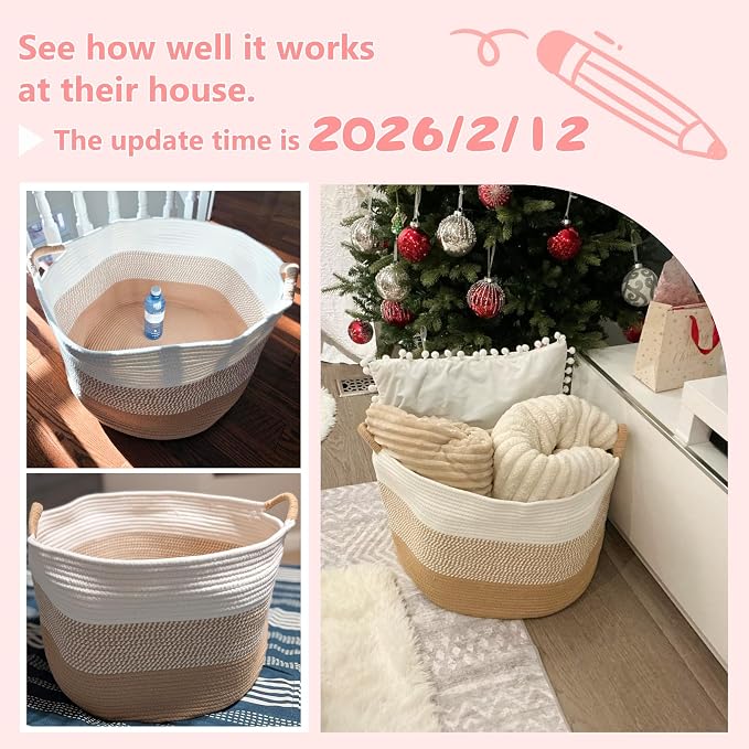 Artfeel 40L Large Cotton Rope Basket, Decorative Woven Blanket Storage for Living Room, Boho Toy Storage & Toy Box for Kids, Versatile Laundry Basket & Nursery Hamper for Blankets(Pink)