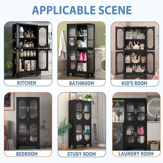 GAIOUS Black Kitchen Pantry Cabinet, Pantry Storage Cabinet with Acrylic Glass Doors and Adjustable Shelves, Tall Versatile Storage for Kitchen, Dining Room, Home Office and Bedroom