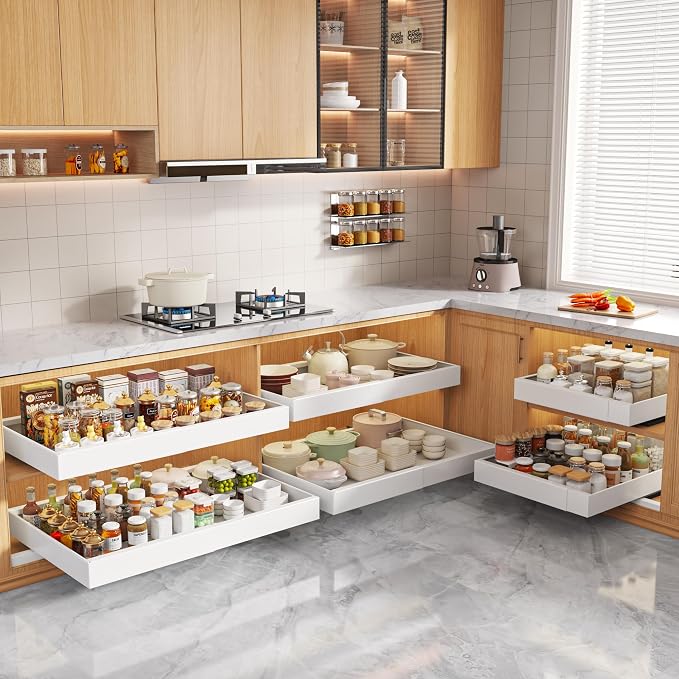 Seinloes 4 Pack Pull Out Cabinet Organizers 21" Deep With Raising Pad for Framed Cabinets, Expandable Width (15.2"-26.3") Slide Out Drawers Upgrade 3 Slide Rails, Roll Out Shelves Adhesive, White