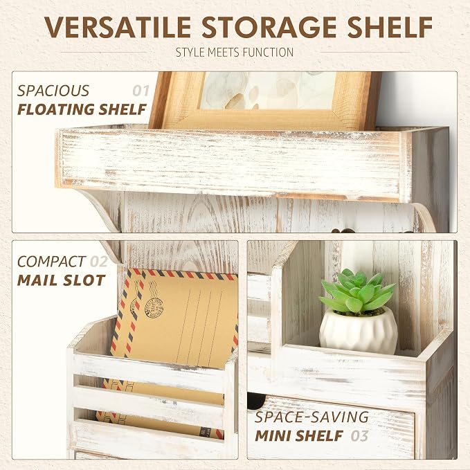 Rebee Vision Key Holder Wall Mount with Drawer for Home Decor, Whitewash | Pine Wood, Key Holder for Wall, 6 Rustic Hooks, Floating Shelf, Drawer Organizer, Mail Organizer, Chic Home Decor, Storage