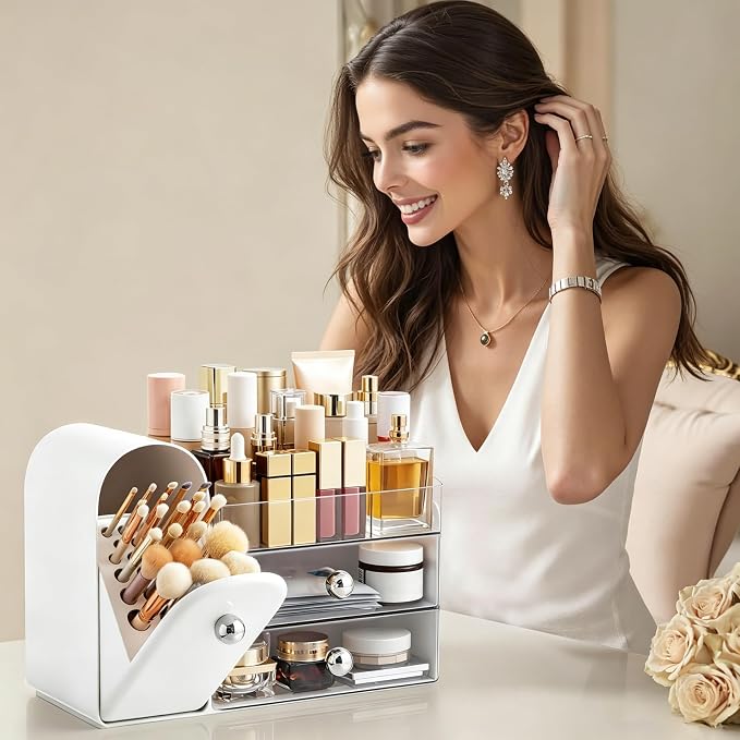 HBlife Makeup Organizer Countertop with Drawers, Vanity Organizers with Brush Holder, Bathroom Counter Organizer for Perfume, Nail Polishes, Lipsticks, Skincare and Eyeshadow Palettes, White Sliver
