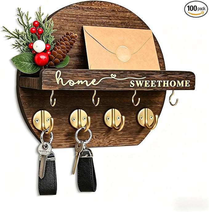 Key Holder for Wall, Key and Mail Holder Organizer - Key Holder Wall Mount with Bouquet Shelf and Key Hooks, Round Wooden Rustic Key Rack for Entryway and Home Decor (Brown&Gold)