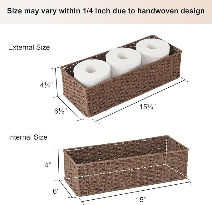 StorageWorks Toilet Tank Basket, Wicker Toilet Paper Baskets, Brown | Wicker Baskets for Bathroom Decor, Paper Rope Bathroom Basket Organizer and Storage for Tank Topper, 2 Pack