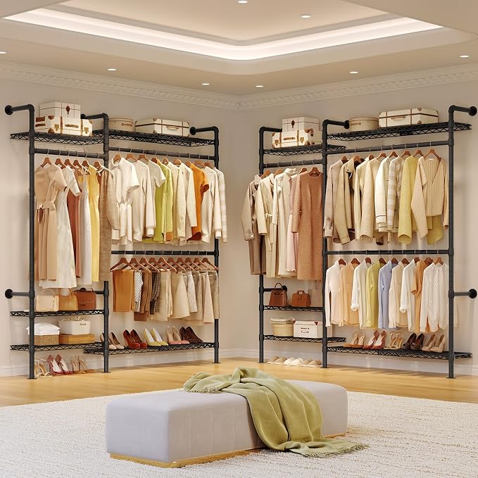H2 Plus Expandable Wall Mounted Closet System, 3.8FT-5.1FT Closet Organizer with Telescopic Shelves & Adjustable Rods, Industrial Pipe Clothing Rack for Walk-in & Reach-in Closet (Black)