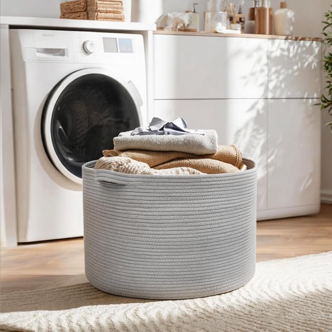 115L Super Large Gray Blanket Basket, 23.6"x15.7" Woven Cotton Rope Storage Basket for Laundry, Towel, Pillow, Oversized Kids Dog Toy Storage Bin, Grey XXXL Blanket Holder for Living Room