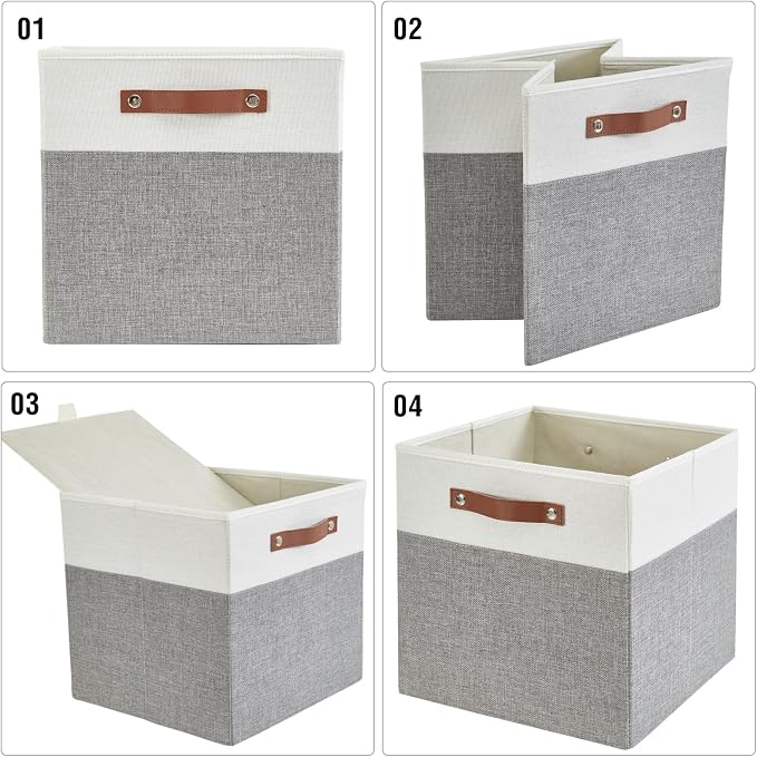 Bagnizer Collapsible Fabric Storage Cube Bins with 2 Reinforced PU Handles, Foldable Storage Organizer Baskets for Closet, Shelves, Living Room | 11"x11"x11", 4 Pack, Gray & White