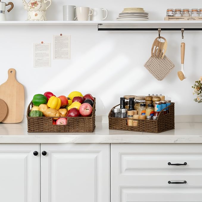 StorageWorks Pantry Baskets for Organizing, Paper Rope Storage Baskets for Shelves with Built-in Handles, Pantry Organizers and Storage, Brown, Set of 2 (Large and Medium)