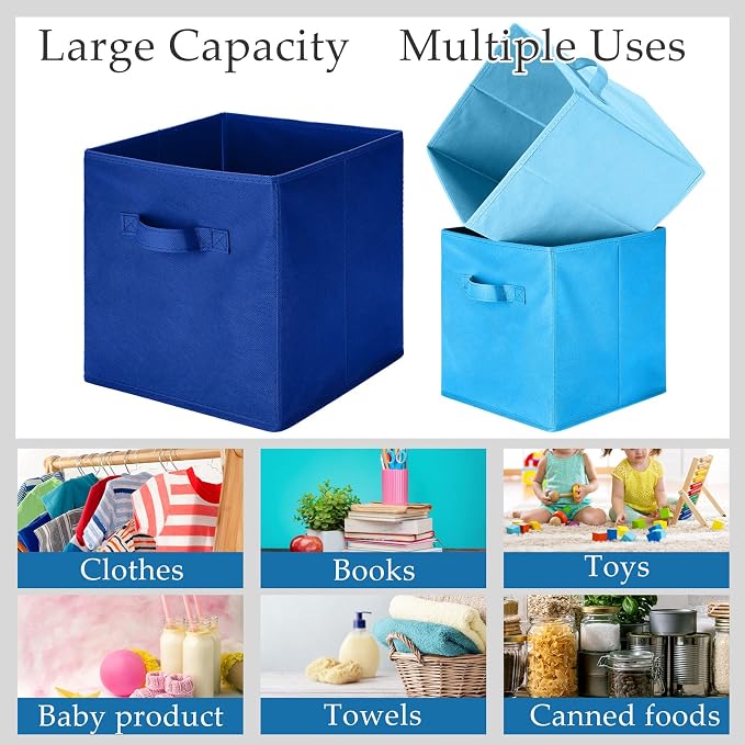 Karenhi 11 x 10. 5 x 10. 5 Blue Storage Cube, 6 Pack Fabric Cube Storage Bins Organizer Box, Collapsible Baskets with Handles Foldable Shelf for Cloth Toys Home Room Closet, Pack of 6