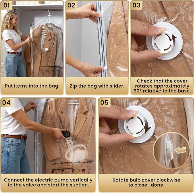 TAILI Hanging Vacuum Storage Bags with Electric Pump, Vacuum Seal Bags for Clothing Travel, Space Saving Hangers for Clothes, Suits, Coats and Jackets, Set of 6 (3 Long, 3 Short)