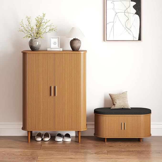 DHH Shoe Storage Cabinet with Sliding Door, 6-Tier Shoe Cabinet with Adjustable Shelves, Mid-Century Modern Freestanding Shoe Storage Organizer for Entryway, Hallway, Living Room (Yellow,31.5 ")