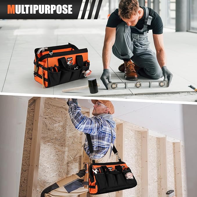UUP 15" Heavy Duty Tool Bag, 16-Pocket Tool Box Organizer Orange | 16 Pockets & MOLLE. Detachable Strap & Handle. Non-slip Base, Metal Buckle. 30lb Holds Tools on Truck, Garage, Men Gift.