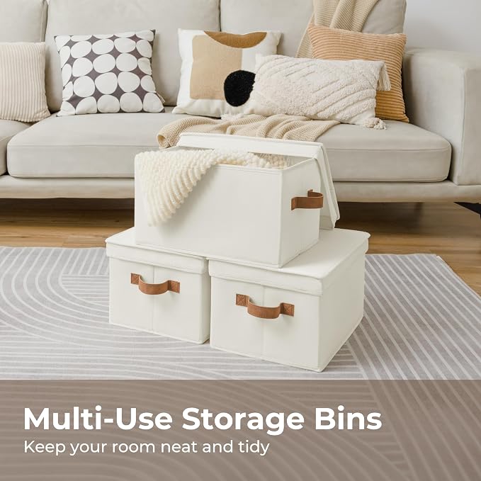 StorageWorks Fabric Storage Bins with Lids, Decorative Storage Bins with PU Handles, Foldable Storage Baskets for Closet, Shelves, Stackable and Sturdy Organization, Ivory, Large, 3-Pack