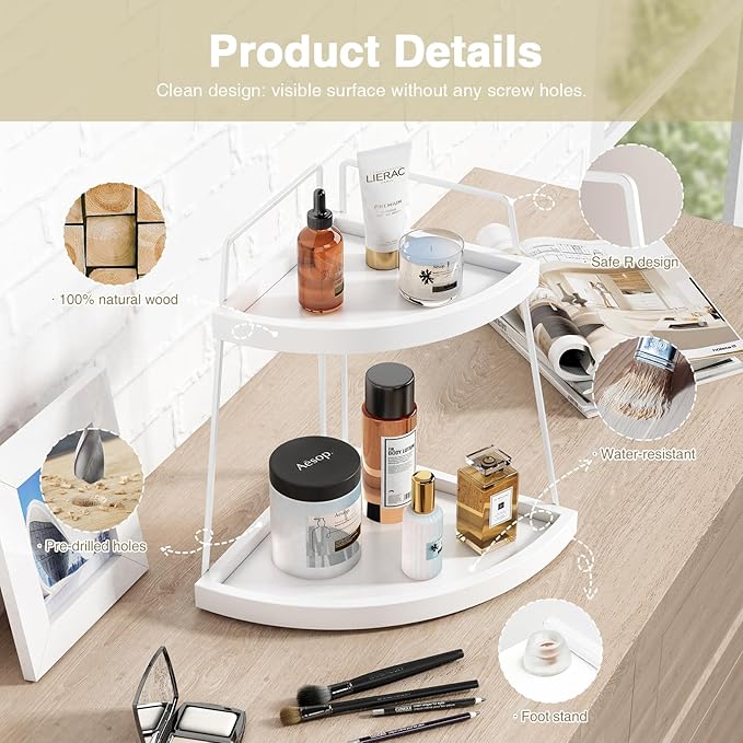 Forbena White 2 Tier Corner Bathroom Counter Organizer, Bathroom Countertop Shelf Organizer for Kitchen Sink, 2 Tier Makeup Vanity Tray for Dresser Tops Decor, Corner Shelf for Girls Bedroom (White)