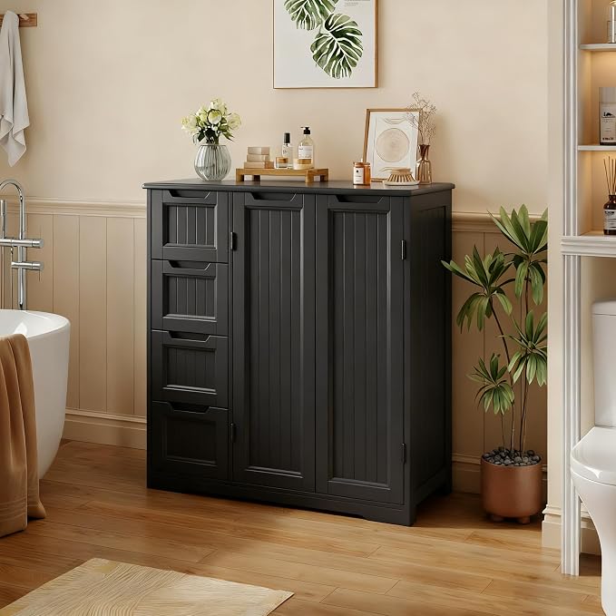 Gizoon Wooden Bathroom Floor Cabinet, Side Storage Organizer Cabinet | Bathroom Storage Cabinet with 4 Drawers & 2 Doors, Adjustable Shelf, Anti-tipping, for Entryway, Living/Dining Room, Black