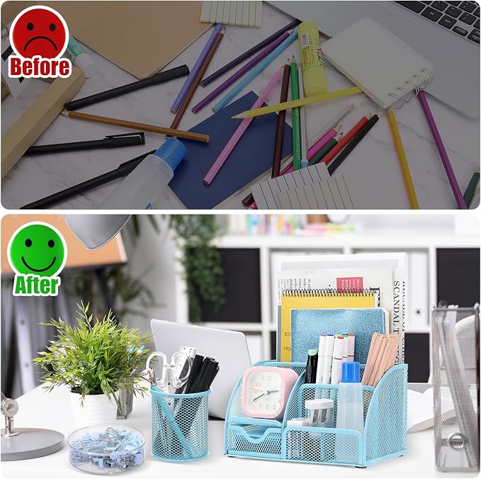 13-in-1 Office Desk Organizer Set with Stapler and Tape Dispenser, Pen Holder, Scissors, Ruler, Hole Punch, 2 Pens & More Desktop Accessories for Back to School Supplies (Blue)