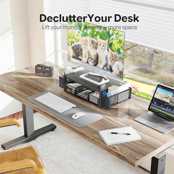 Simple Trending Desk Organizer, Computer Monitor Stand Riser, Black | Metal Laptop & Printer Stand, Desktop Organizer with Drawer & 2 Pen Holders, Anti-Slip Pads, 18.5"W x 9.5"D x 4.75"H