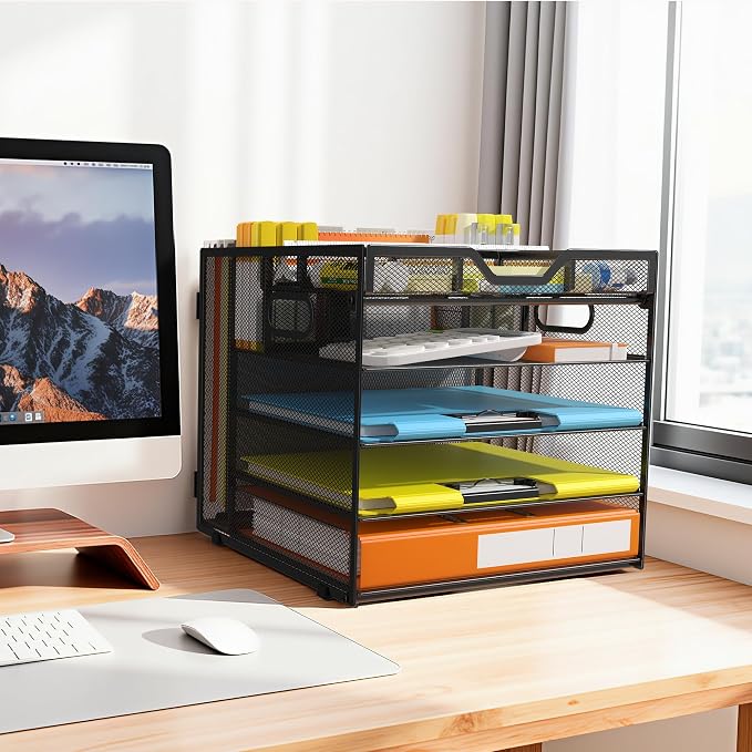Docnest 5 Tier Desk Organizer with Hanging File Folder Holder&Tray, Black | Features 3 detachable pen holders and 4 removable dividers.Versatile mesh desktop storage for mail, document,office supplie