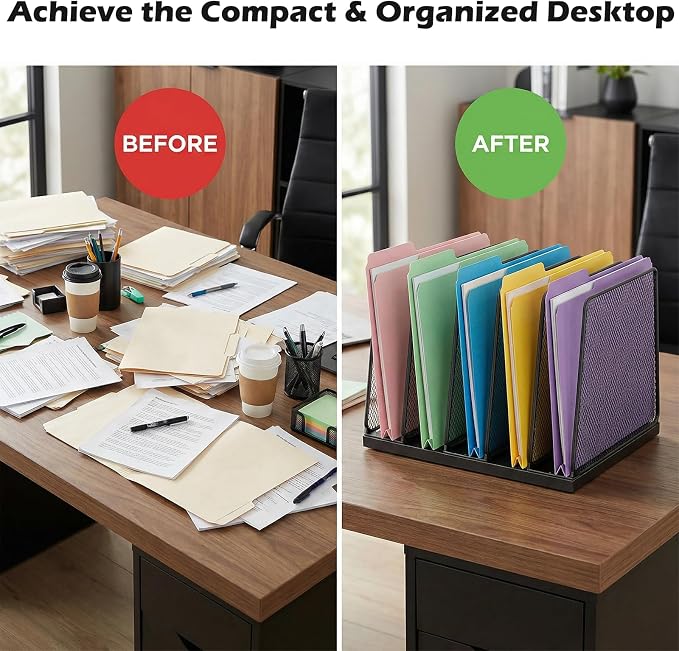 AUPSEN 5-Section File Organizer for Desk, Wood Mesh Desktop File Organizer, File Sorter Storage Rack, Vertical Folder Holder for Files, Magazines, Books (Black)
