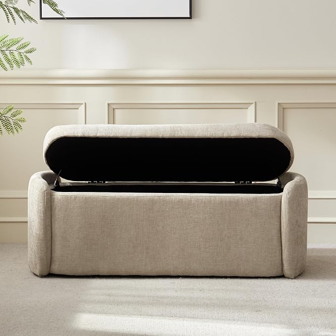 VKNOW Storage Bench, Upholstered Storage Ottoman Bench with Hinge, Khaki | Ottoman Bench with Large Capacity, Curved Frame, Soft Fabric, Storage Bench for Bedroom, Living Room, Entryway, Window