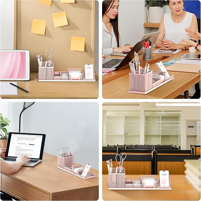 Pen Holder for Desk, 6-Piece Mesh Desk Organizer with Phone Holder, Pink | 6-Piece Black Mesh Desk Set Includes Pen Cups, a Sticky Note Caddy and Phone Holder for Office, School, Home
