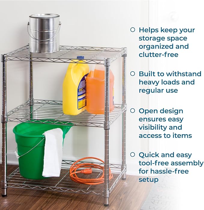Honey-Can-Do 3-Tier Heavy Duty Adjustable Shelving Unit, 250-lb Per Shelf Metal Storage Rack, Wire Shelf for Kitchen Garage Pantry Closet, Chrome, 24 x 14 x 30 in