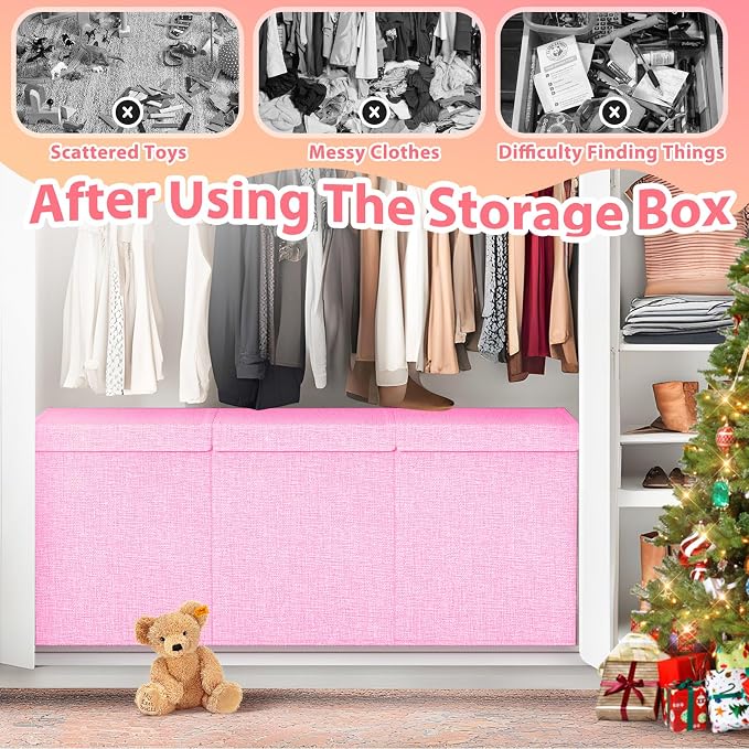Large Toy Storage Box with Lid & Dividers, Collapsible Kids Toy Chest, Pink | Toy Box for Boys, Girls, Nursery, Bedroom, Living Room, Playroom, 40X14X16 inches