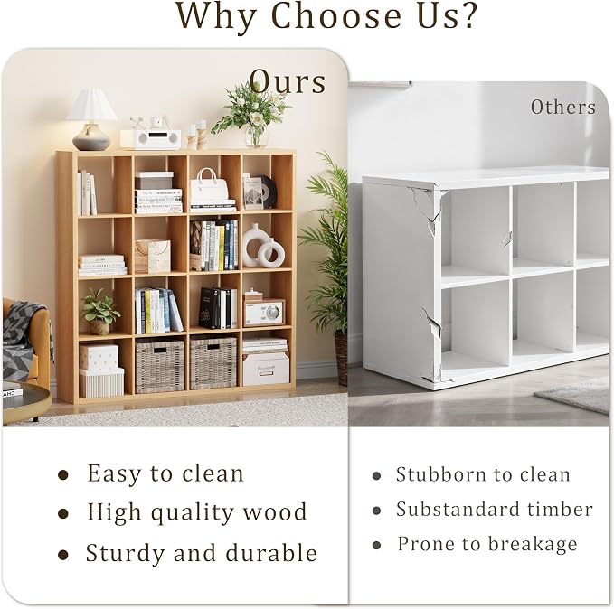 VDNEND Cube Storage Organizer Bookcase, Decorative 11 inch Open Back Cubical Shelf with Thickened Border, Display Bookshelf for Living Room, Home Office, Sturdy Room (Natural Oak, 16 Cube)