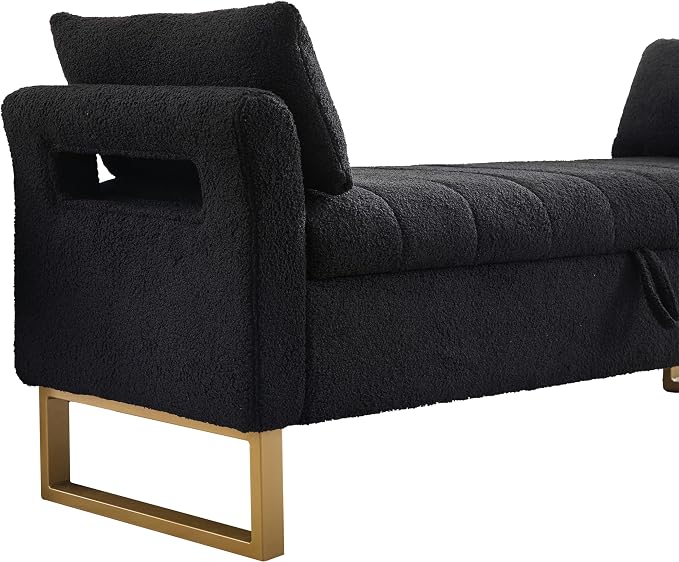66" Storage Bench for Bedroom Upholstered End of Bed Bench King Size Black | Long Bedroom Benches for Foot of Bed King,Teddy Storage Bed Bench with Gold Legs,2 Pillows for Entryway Windows Cloakroom