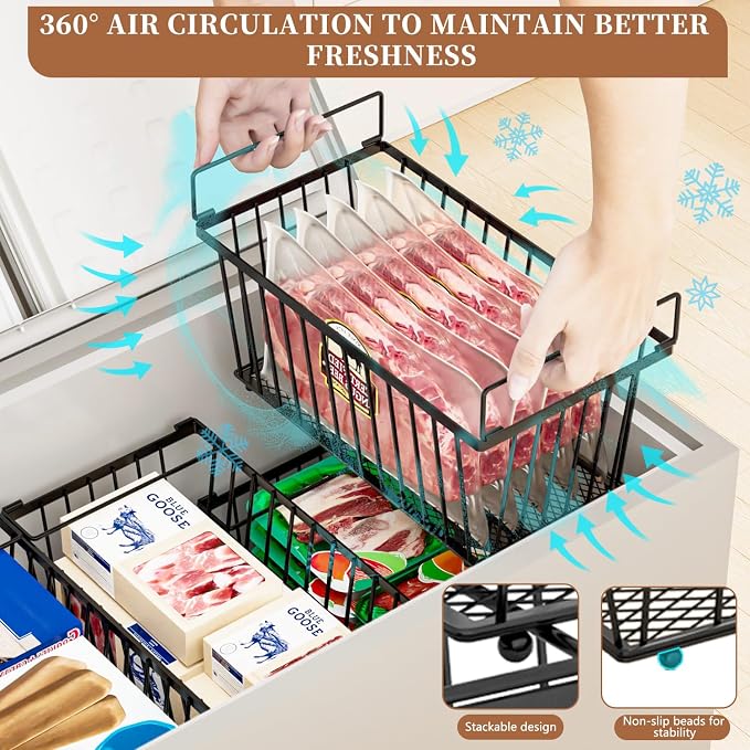 Enhanced Leak-Proof Bottom - Freezer Organizer Bins ,4 Pack Stackable Deep Freezer Organizer Bins for 7 Cu.FT Small Chest Freezer,organization and storage,pantry organizers(4 Pack-black)