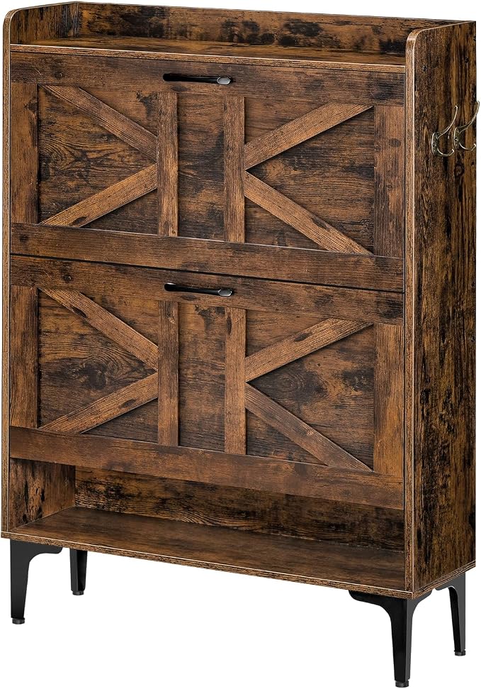 MAHANCRIS Shoe Storage Cabinet, Shoe Organizer with 2 Flip Drawers, Hidden Shoe Storage for Entryway, Freestanding Organizer with Open Storages, Rustic Brown SHHR9401N1