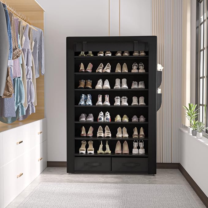 OYREL Shoe Rack Storage Cabinet with Dustproof Cover Two Boxes | 32 Pairs Tall Shoe Organizer Shelf for Closet Large Free Standing Shoe Rack Vertical Shoe Holder Stand