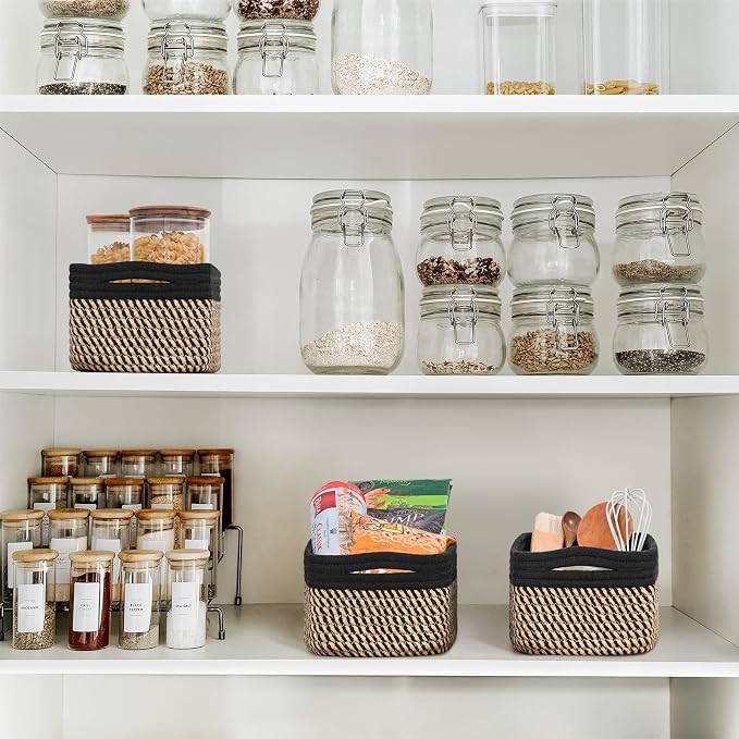 Goodpick 3-Pack Wicker Storage Baskets for Organizing, 11 x 7 x 4.5 in | Woven Baskets for Shelves, Closet Organizer Bins,Empty Baskets for Gifts, Woven Basket for Play Room, Black & Jute
