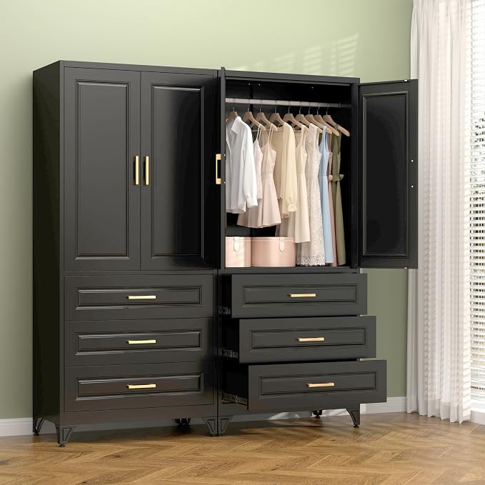 Polup 71" Black Metal Armoire Wardrobe Closet with Doors and 3 Drawers | Freestanding Heavy Duty Steel Clothing Storage Cabinet, Hanging Rod, 180lbs Adjustable Shelves, for Office, Bedroom & Garage