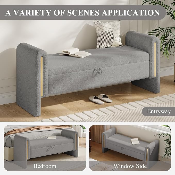 Storage Ottoman Bench, End of Bed Bench with Pull-Ring | 52" Teddy Upholstered, Window Bench with Armrest, Generous Storage, Safety Hinge, Holds 300 LBS, for Bedroom, Grey